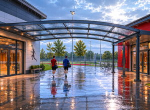 Trocken ans Ziel - überdachter Weg zwischen Sportzentrum und Tanzhalle