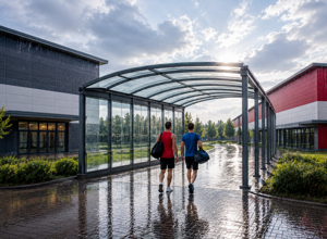Trocken ans Ziel - überdachter Weg zwischen Sportzentrum und Tanzhalle